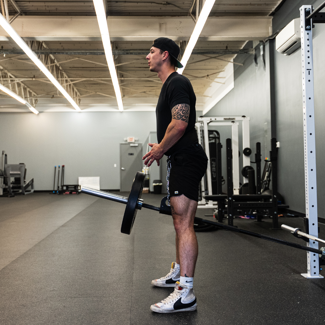 Lifter performing a belt squat with a barbell loaded into a U Clip and hung from a dip belt